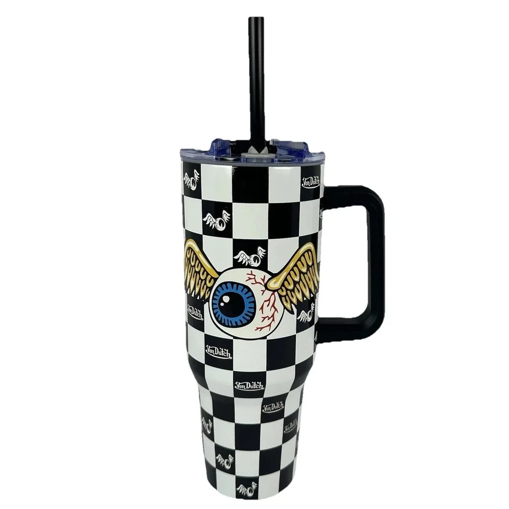 Von Dutch Checker Eyeball Wings 40 oz Tumbler With Handle Straw NWT